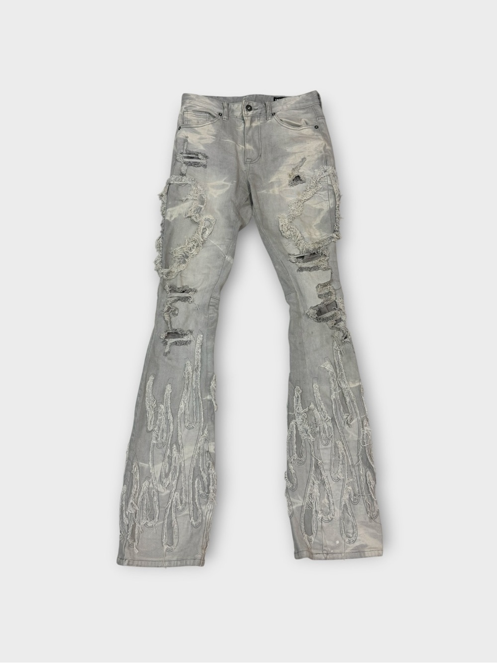 Smoke Rise Grey Washed Distressed Flare Jeans with Graffiti Appliqué — Size 28